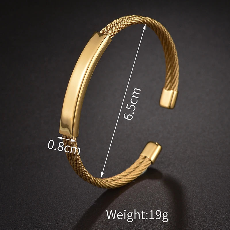 Bluelory Custom 8Mm Stainless Steel Women Men Bangles Punk Twist Engrave Name Date Initials ID Bar Bangles for Lovers Couple