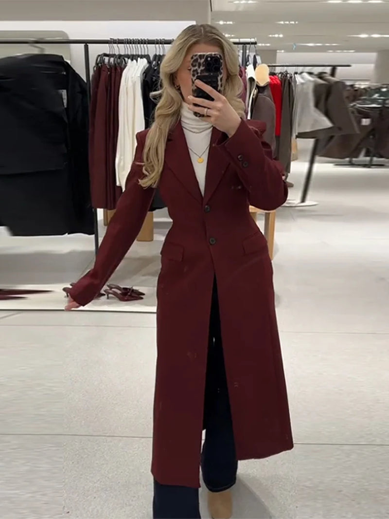 Burgundy Long Blazer Coats Women Elegant Single Breasted Long Sleeve Shoulder Pads Suits Jacket Female Spring Tailored Outwear