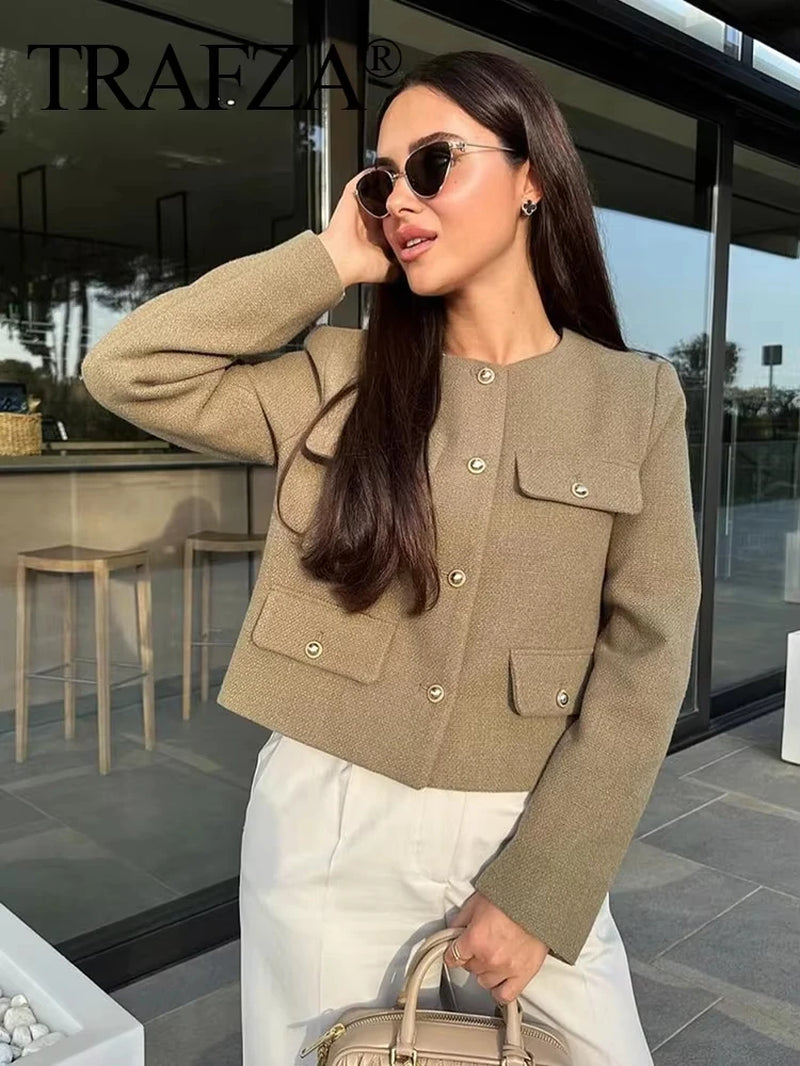 TRAFZA Women Casual O-Neck Coat Casual Single Breasted Long Sleeve Jakcets with Pockets Autumn Woman Elegant Solid Outwear Top