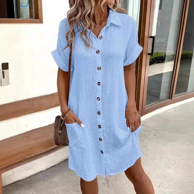 Women'S Fashion Summer Minimalist V-Neck Button up Dress Woman Cotton Linen White Short Sleeved Pocket Casual Loose Shirt Dress