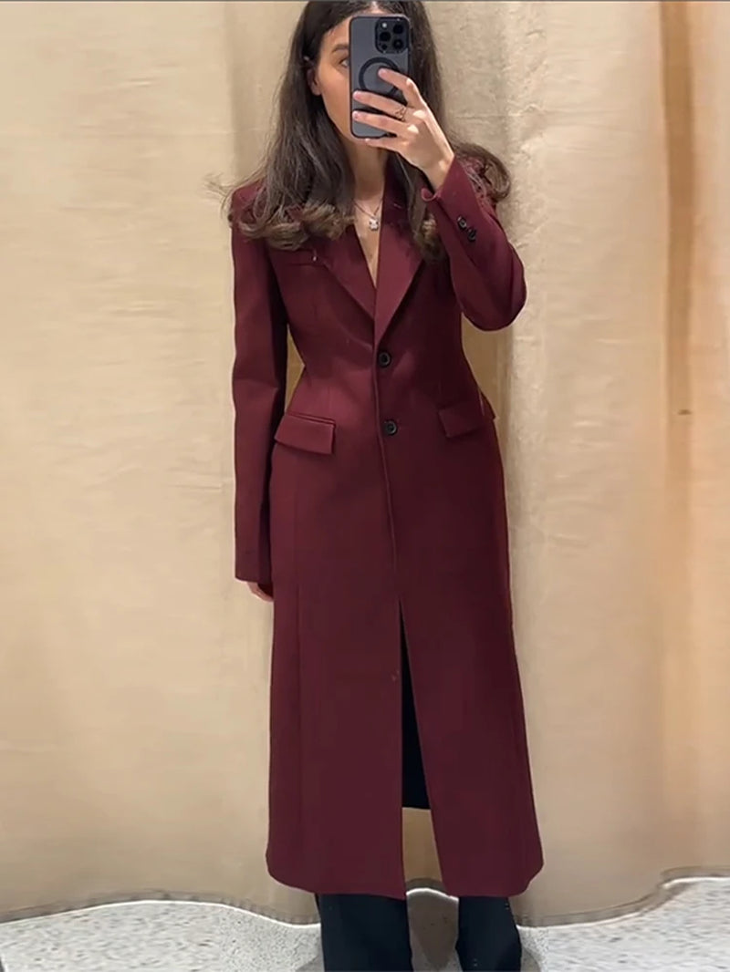 Burgundy Long Blazer Coats Women Elegant Single Breasted Long Sleeve Shoulder Pads Suits Jacket Female Spring Tailored Outwear