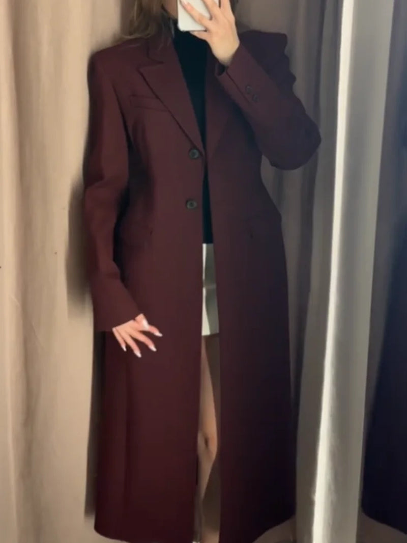 Burgundy Long Blazer Coats Women Elegant Single Breasted Long Sleeve Shoulder Pads Suits Jacket Female Spring Tailored Outwear