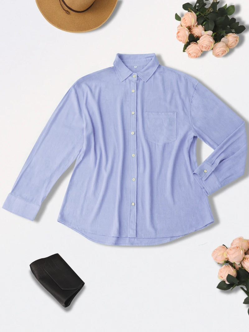 2025 Spring and Summer New Women'S Long Sleeve Collar Button Regular Version Cotton Linen Shirt Solid Color