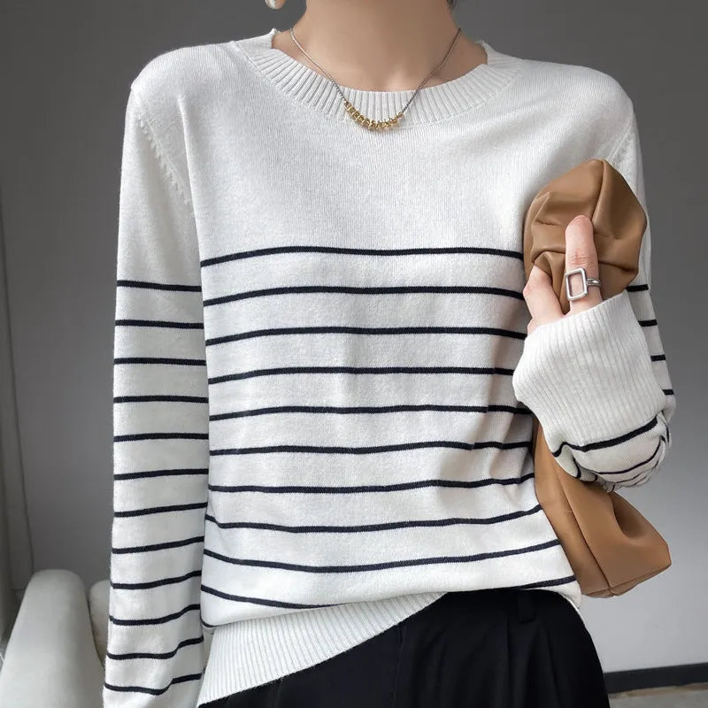 Spring New 100% Pure Wool Two-Color Striped Pullover round Neck Long Sleeve Sweater Women'S Korean Pop Clothing Top XZ0257