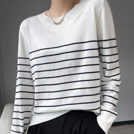 Spring New 100% Pure Wool Two-Color Striped Pullover round Neck Long Sleeve Sweater Women'S Korean Pop Clothing Top XZ0257