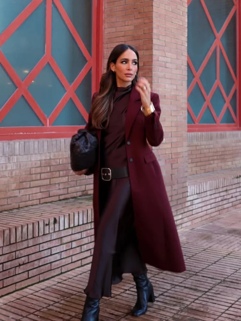 Burgundy Long Blazer Coats Women Elegant Single Breasted Long Sleeve Shoulder Pads Suits Jacket Female Spring Tailored Outwear