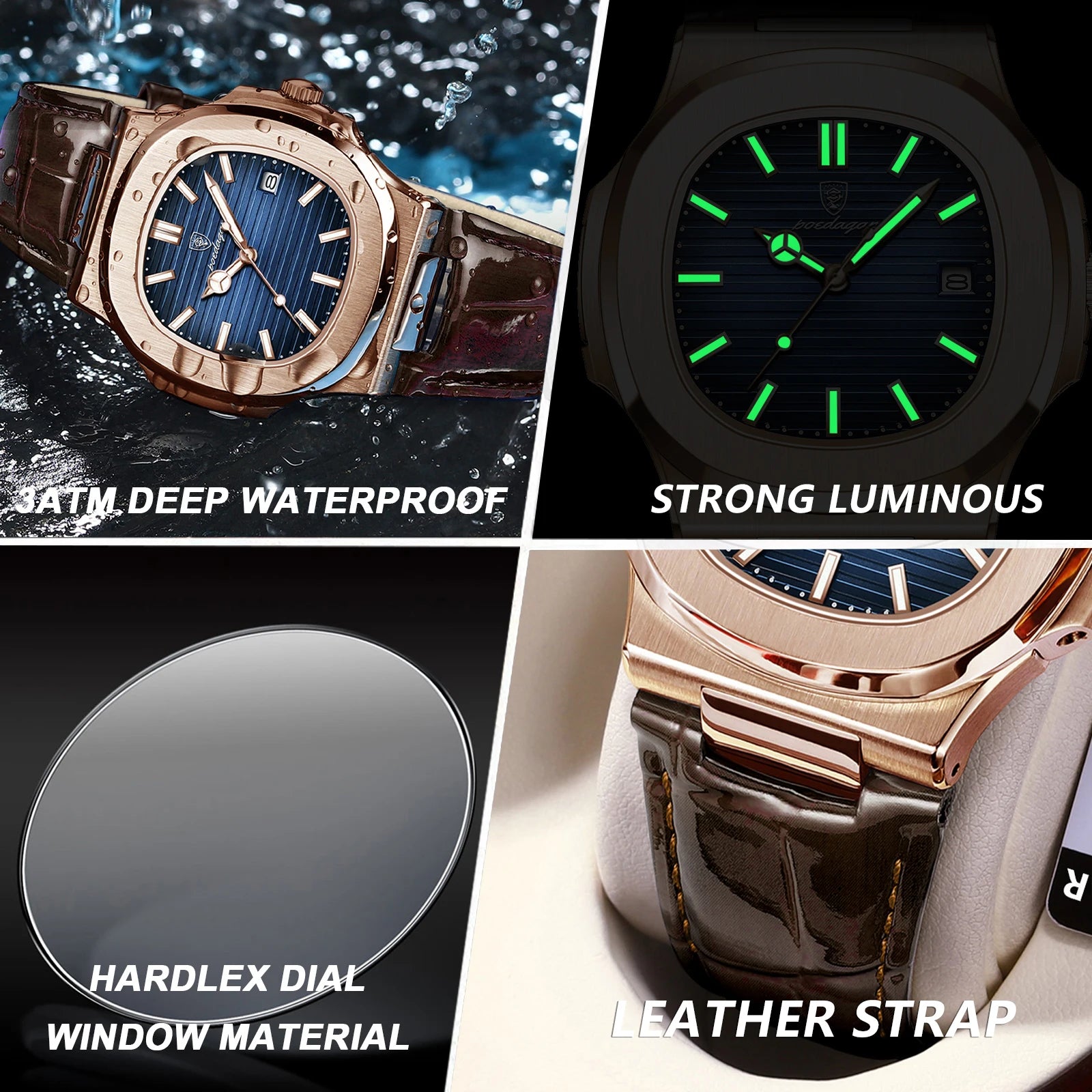 Top Luxury Square Man Watch Date Waterproof Luminous Quartz Men Watches High Quality Fashion Sports Leather Men'S Watch