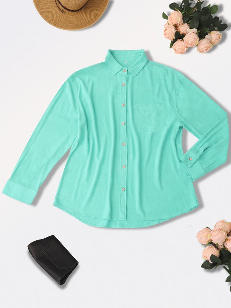 2025 Spring and Summer New Women'S Long Sleeve Collar Button Regular Version Cotton Linen Shirt Solid Color