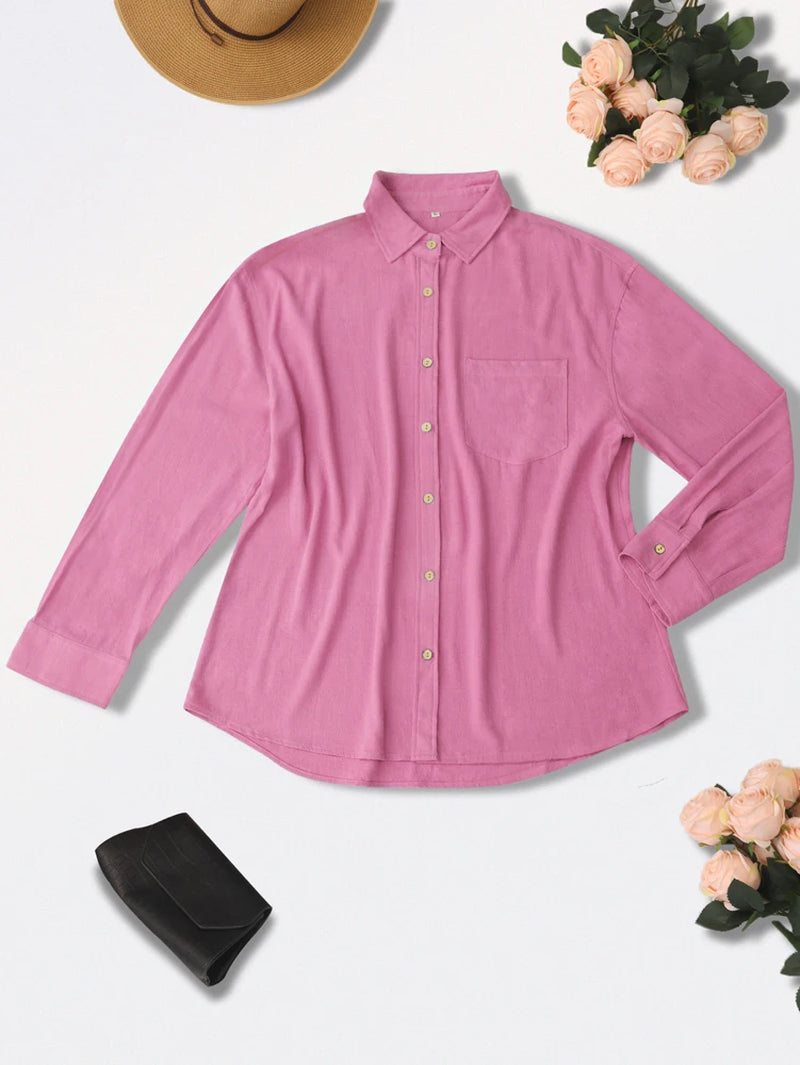 2025 Spring and Summer New Women'S Long Sleeve Collar Button Regular Version Cotton Linen Shirt Solid Color