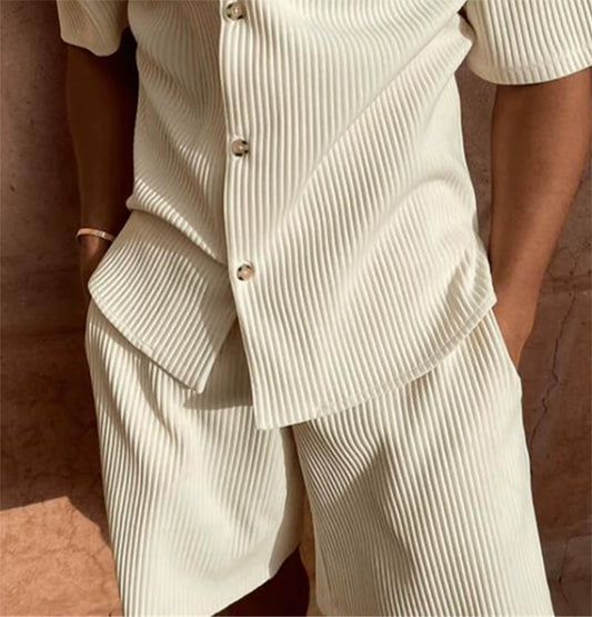 Spring/Summer Suit Solid Color Corduroy Shorts Sleeve Shirt and Shorts Stretch Beach Casual Suit