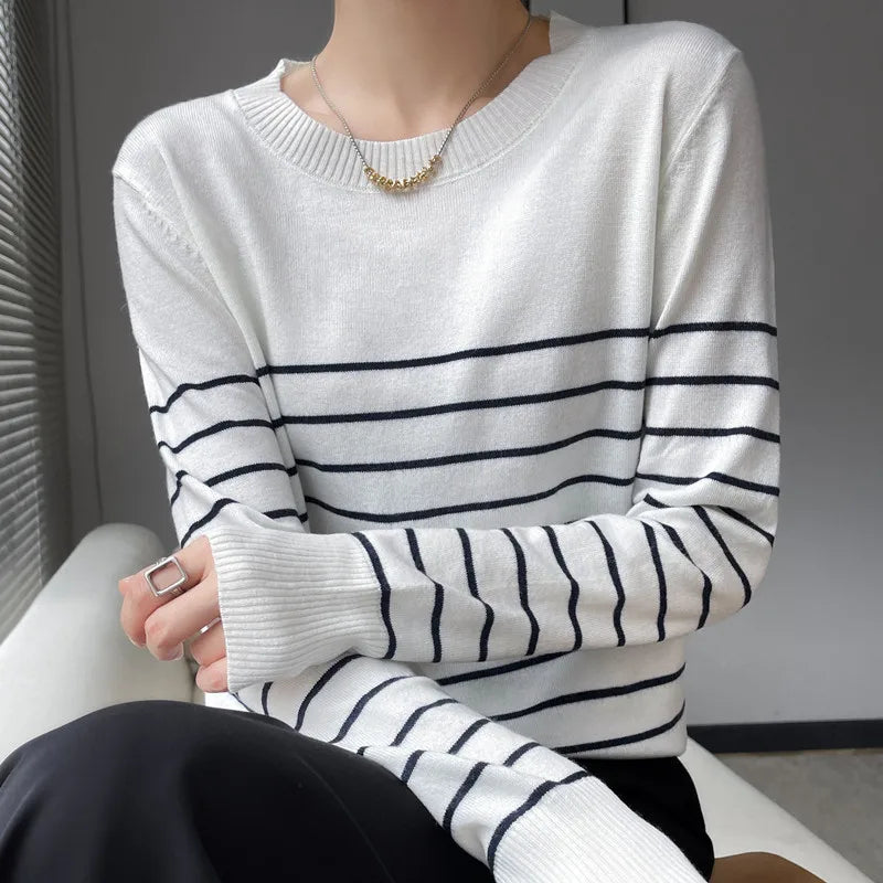 Spring New 100% Pure Wool Two-Color Striped Pullover round Neck Long Sleeve Sweater Women'S Korean Pop Clothing Top XZ0257