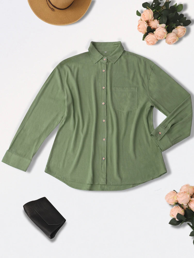 2025 Spring and Summer New Women'S Long Sleeve Collar Button Regular Version Cotton Linen Shirt Solid Color