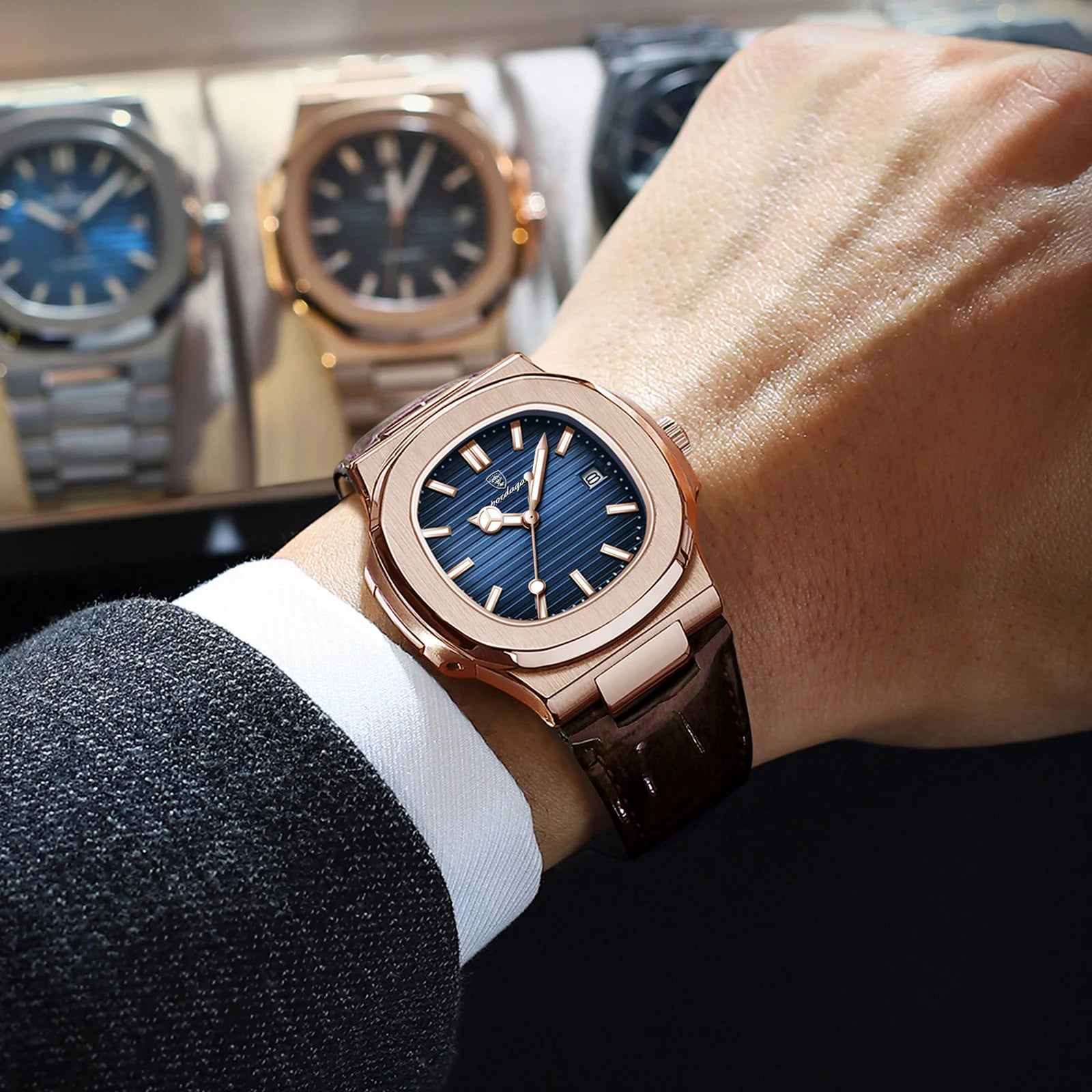 Top Luxury Square Man Watch Date Waterproof Luminous Quartz Men Watches High Quality Fashion Sports Leather Men'S Watch