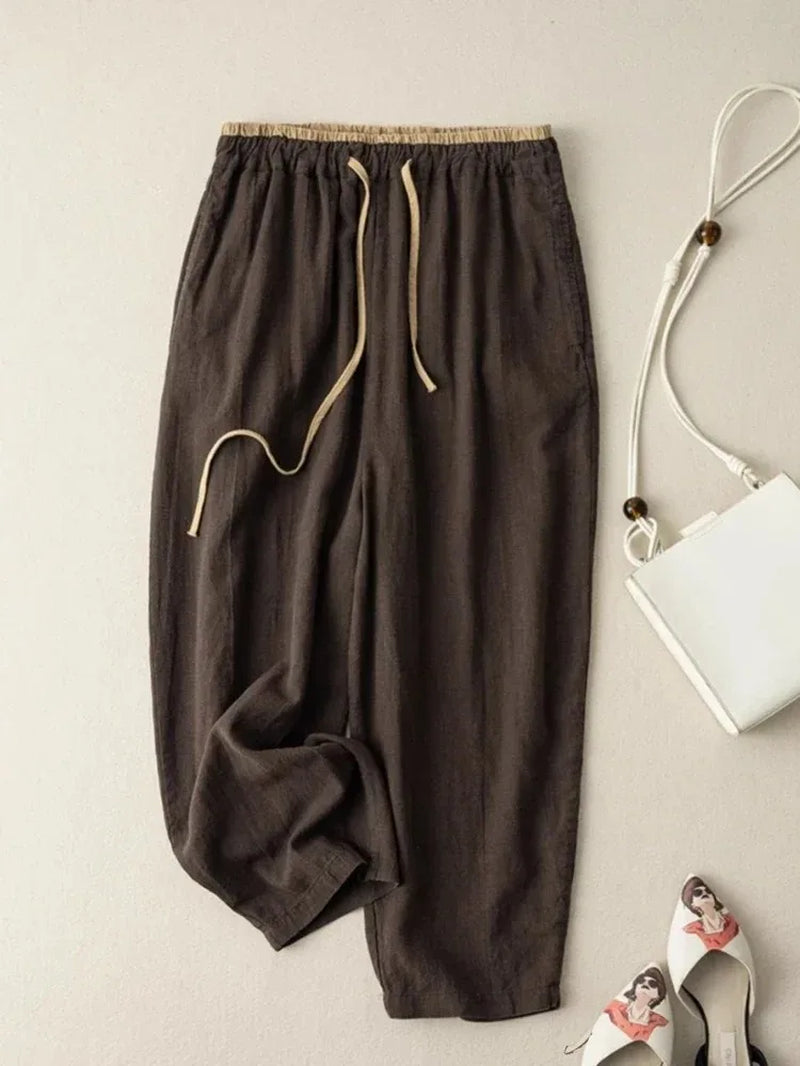 Summer Retro Cotton Linen Loose Harem Pants Elastic Drawstring Waist Casual Pants Basic Versatility Wide-Leg Ankle-Length Pants