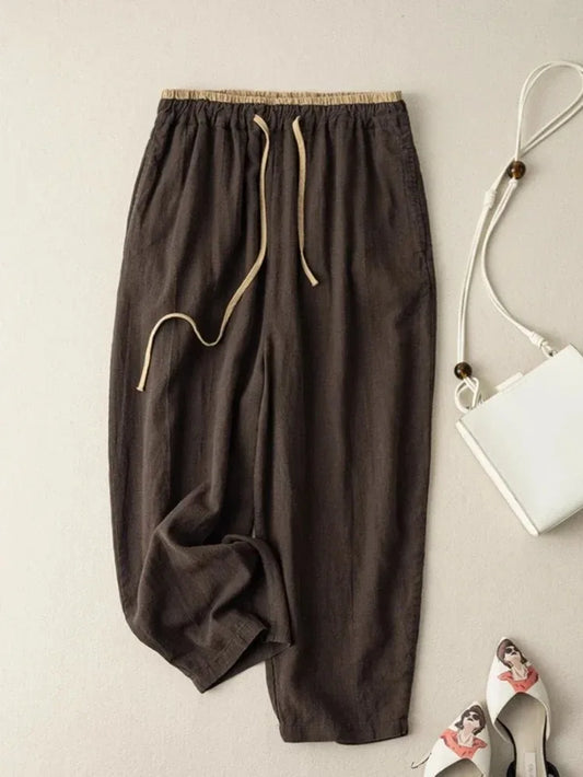 Summer Retro Cotton Linen Loose Harem Pants Elastic Drawstring Waist Casual Pants Basic Versatility Wide-Leg Ankle-Length Pants