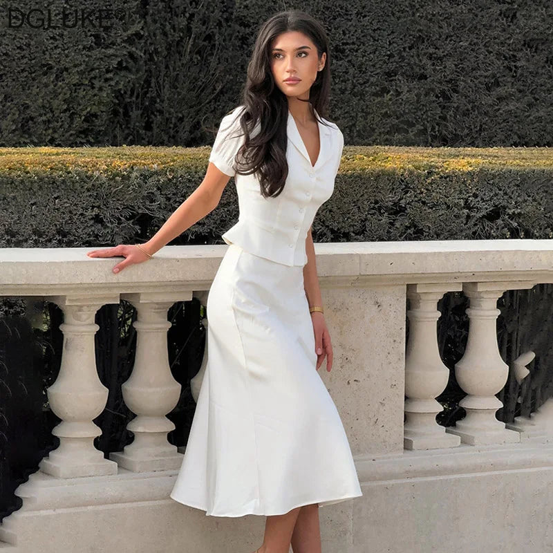 Elegant 2-Piece Skirt Sets for Women White Satin Blouse and Long Skirt Co Ord Summer Office Outfits for Work