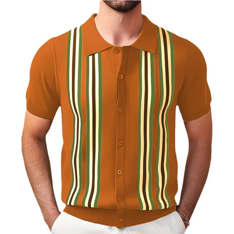 Men Striped Polo Shirts Single Breasted Tees Cardigan Knitted Short Sleeve Shirt Business Loose Tops Summer 2025 Buttons
