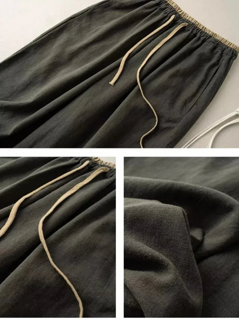Summer Retro Cotton Linen Loose Harem Pants Elastic Drawstring Waist Casual Pants Basic Versatility Wide-Leg Ankle-Length Pants