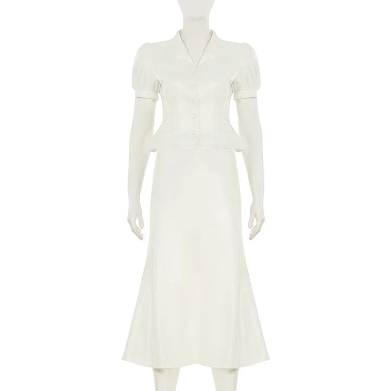 Elegant 2-Piece Skirt Sets for Women White Satin Blouse and Long Skirt Co Ord Summer Office Outfits for Work