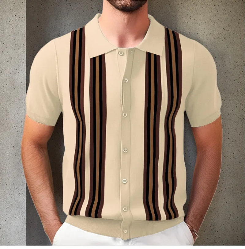 Men Striped Polo Shirts Single Breasted Tees Cardigan Knitted Short Sleeve Shirt Business Loose Tops Summer 2025 Buttons