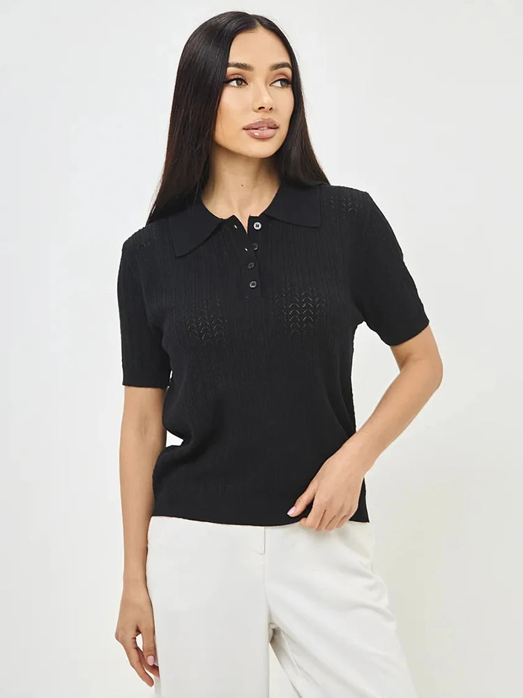 Short Sleeve Knitted T Shirt Woman Summer Casual Loose Lapel Solid Ins Hot Tops Pullover Female Sweater T Shirt Outwear