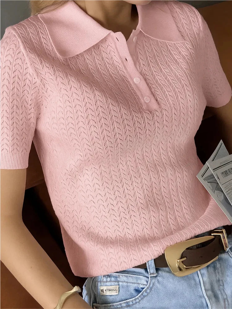 Short Sleeve Knitted T Shirt Woman Summer Casual Loose Lapel Solid Ins Hot Tops Pullover Female Sweater T Shirt Outwear