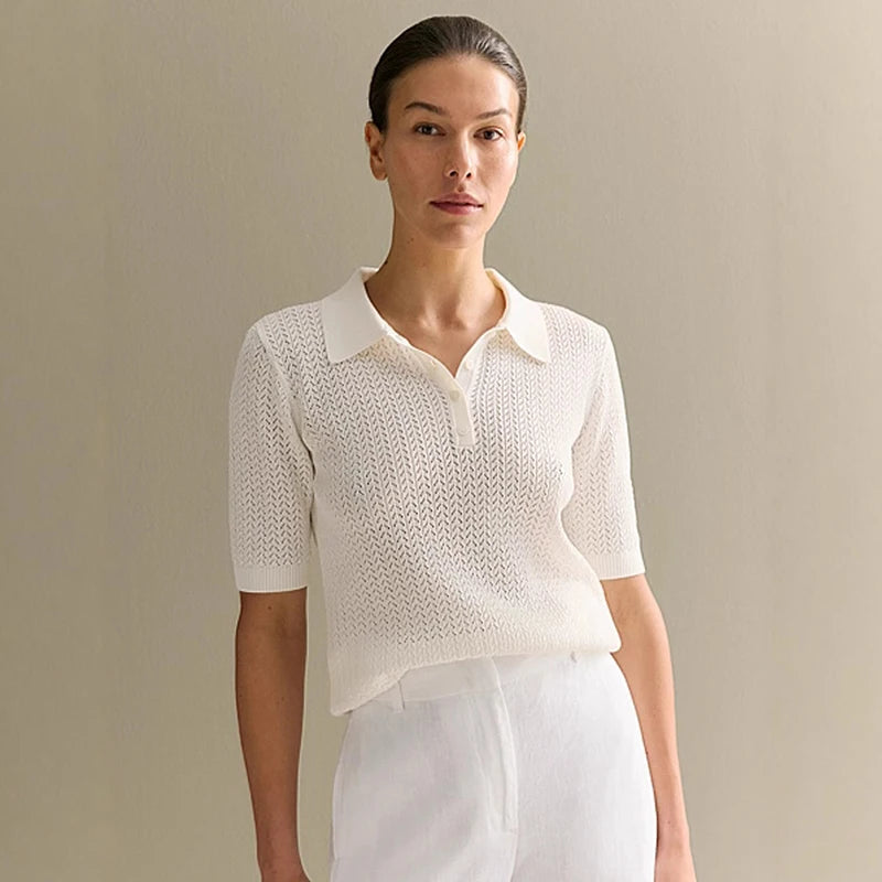 Short Sleeve Knitted T Shirt Woman Summer Casual Loose Lapel Solid Ins Hot Tops Pullover Female Sweater T Shirt Outwear