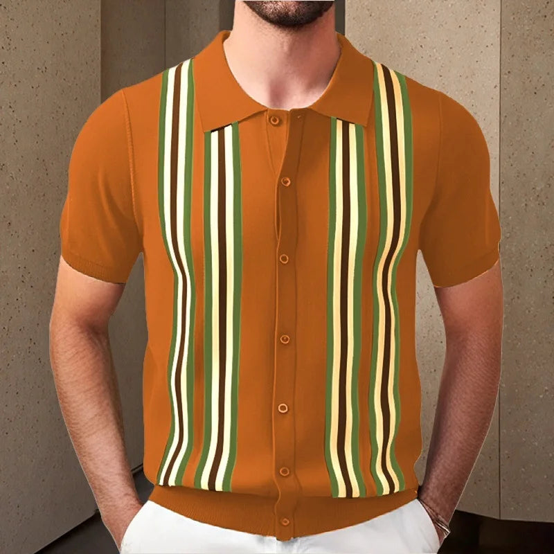 Men Striped Polo Shirts Single Breasted Tees Cardigan Knitted Short Sleeve Shirt Business Loose Tops Summer 2025 Buttons