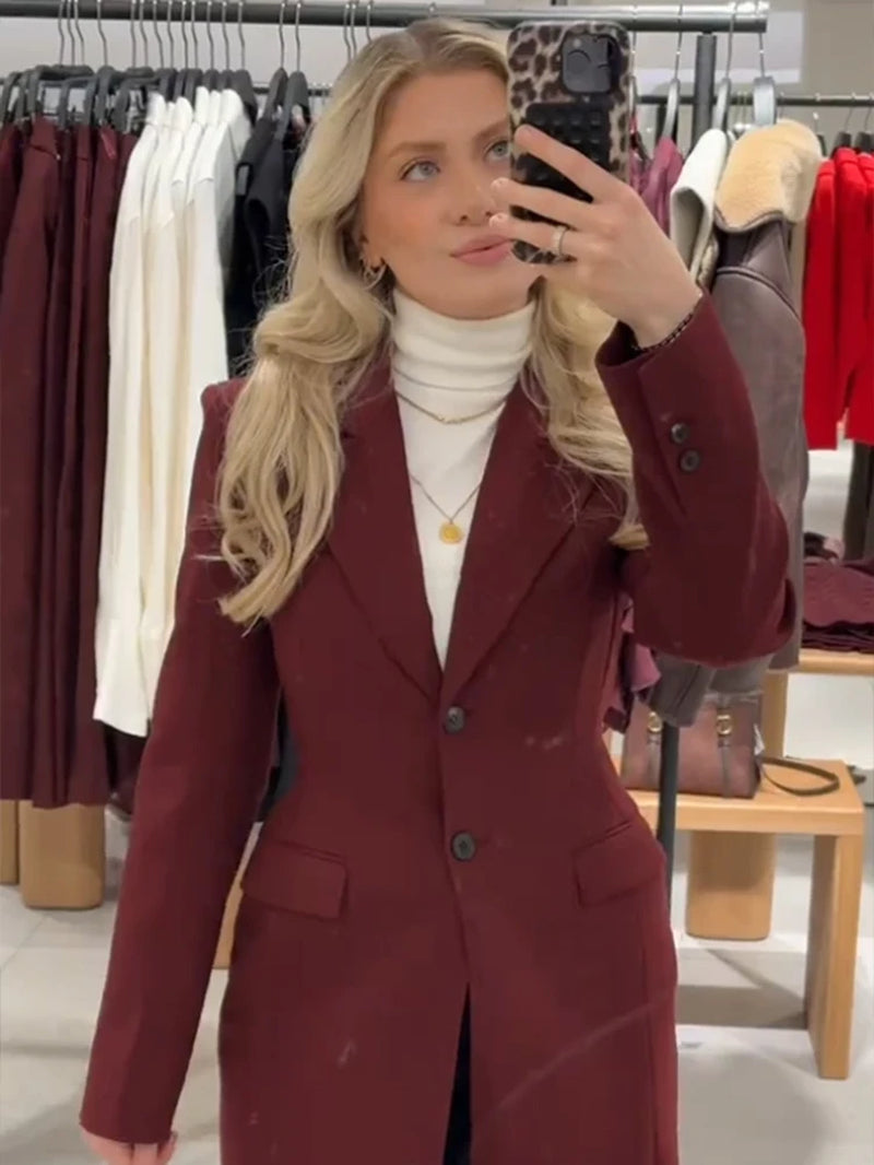 Burgundy Long Blazer Coats Women Elegant Single Breasted Long Sleeve Shoulder Pads Suits Jacket Female Spring Tailored Outwear