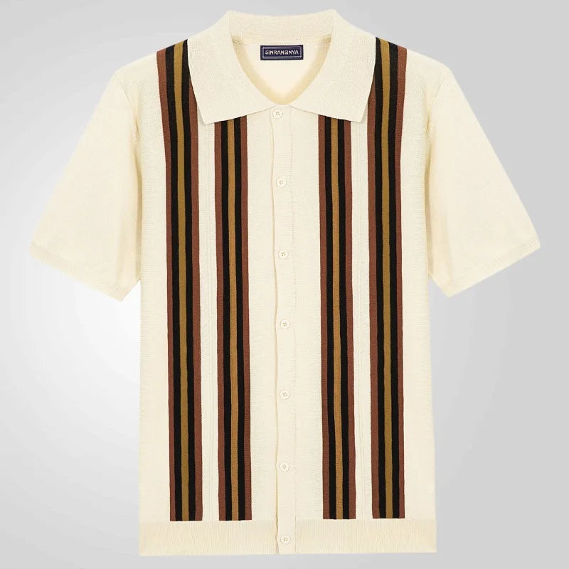 Men Striped Polo Shirts Single Breasted Tees Cardigan Knitted Short Sleeve Shirt Business Loose Tops Summer 2025 Buttons