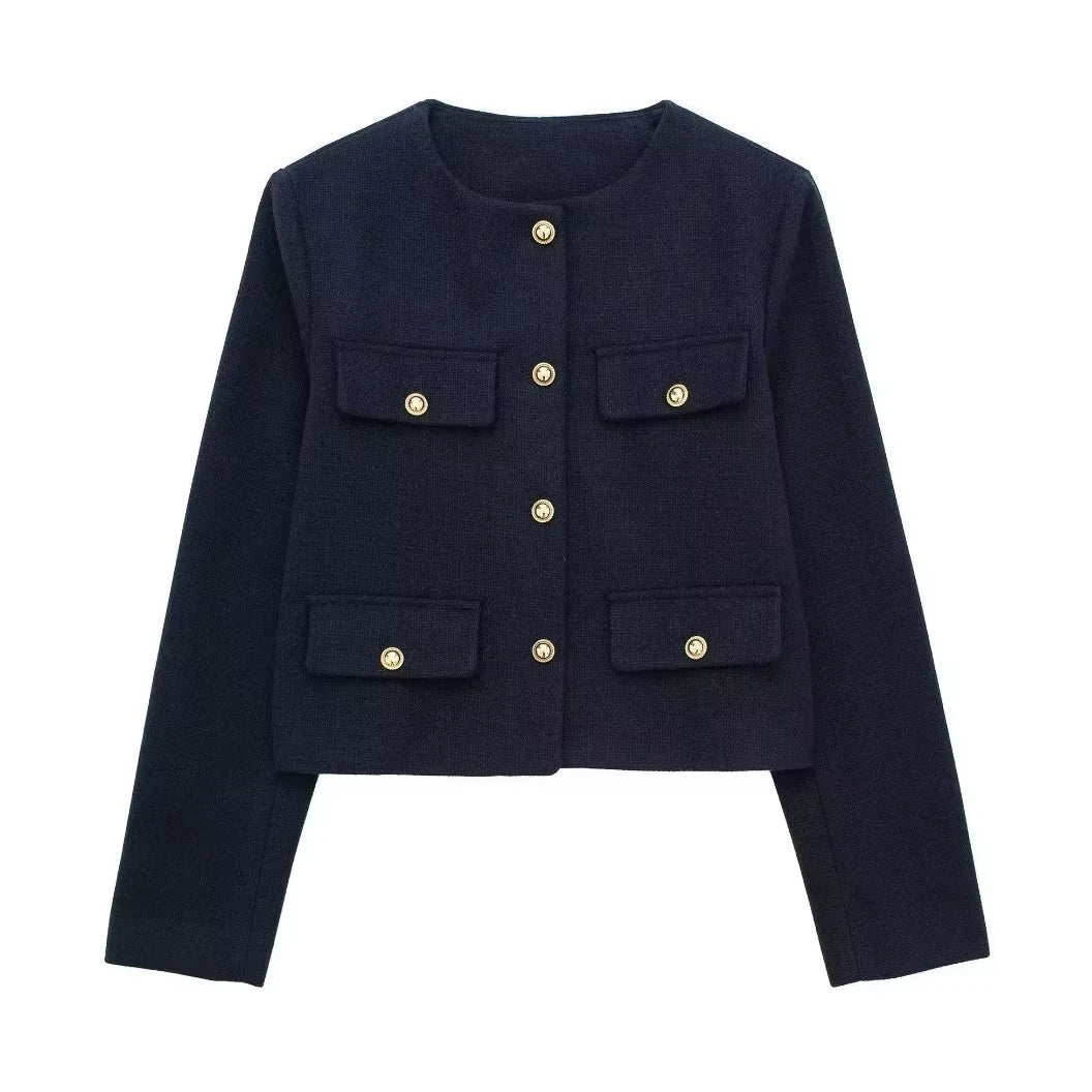 TRAFZA Women Casual O-Neck Coat Casual Single Breasted Long Sleeve Jakcets with Pockets Autumn Woman Elegant Solid Outwear Top