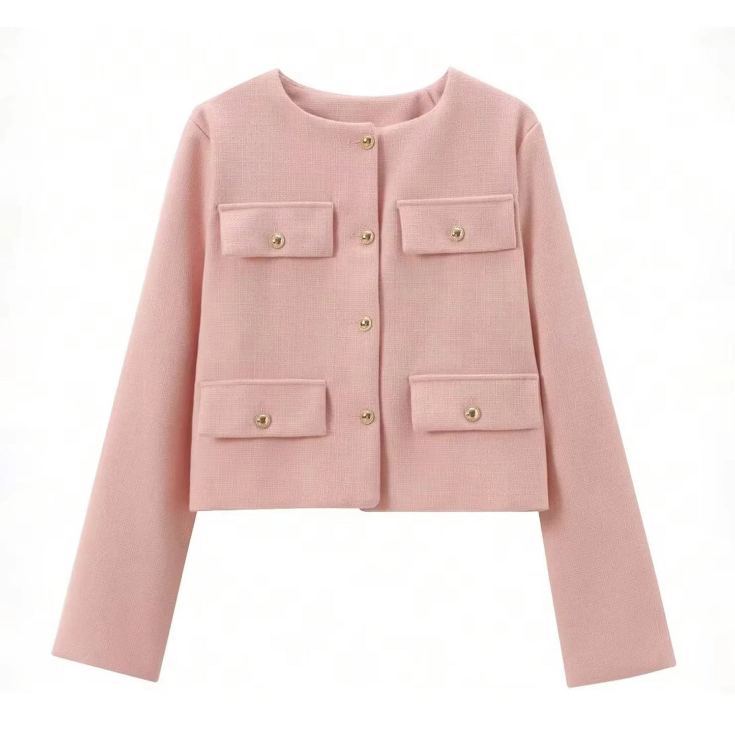 TRAFZA Women Casual O-Neck Coat Casual Single Breasted Long Sleeve Jakcets with Pockets Autumn Woman Elegant Solid Outwear Top
