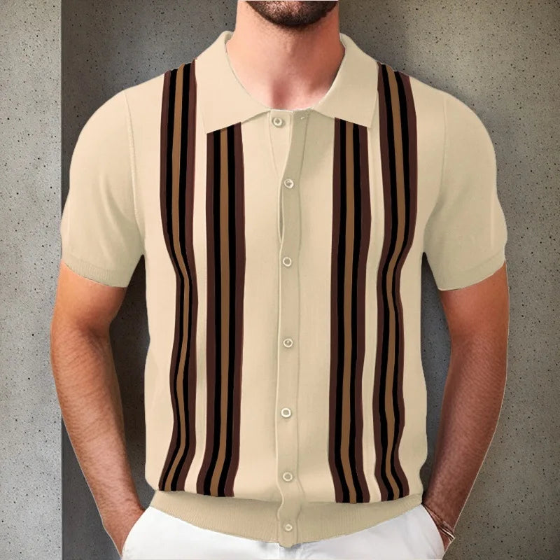 Men Striped Polo Shirts Single Breasted Tees Cardigan Knitted Short Sleeve Shirt Business Loose Tops Summer 2025 Buttons
