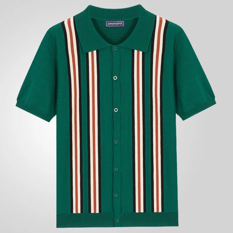 Men Striped Polo Shirts Single Breasted Tees Cardigan Knitted Short Sleeve Shirt Business Loose Tops Summer 2025 Buttons