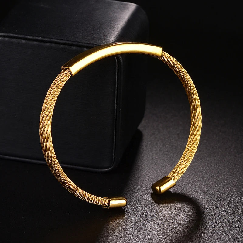Bluelory Custom 8Mm Stainless Steel Women Men Bangles Punk Twist Engrave Name Date Initials ID Bar Bangles for Lovers Couple