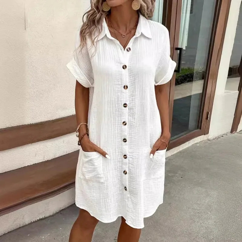 Women'S Fashion Summer Minimalist V-Neck Button up Dress Woman Cotton Linen White Short Sleeved Pocket Casual Loose Shirt Dress