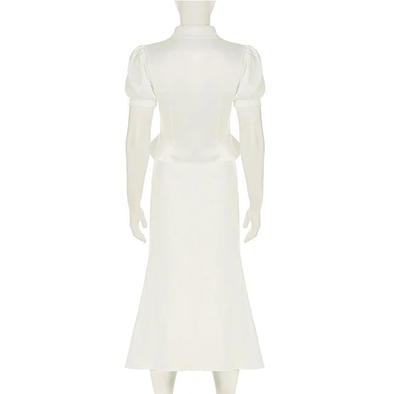 Elegant 2-Piece Skirt Sets for Women White Satin Blouse and Long Skirt Co Ord Summer Office Outfits for Work