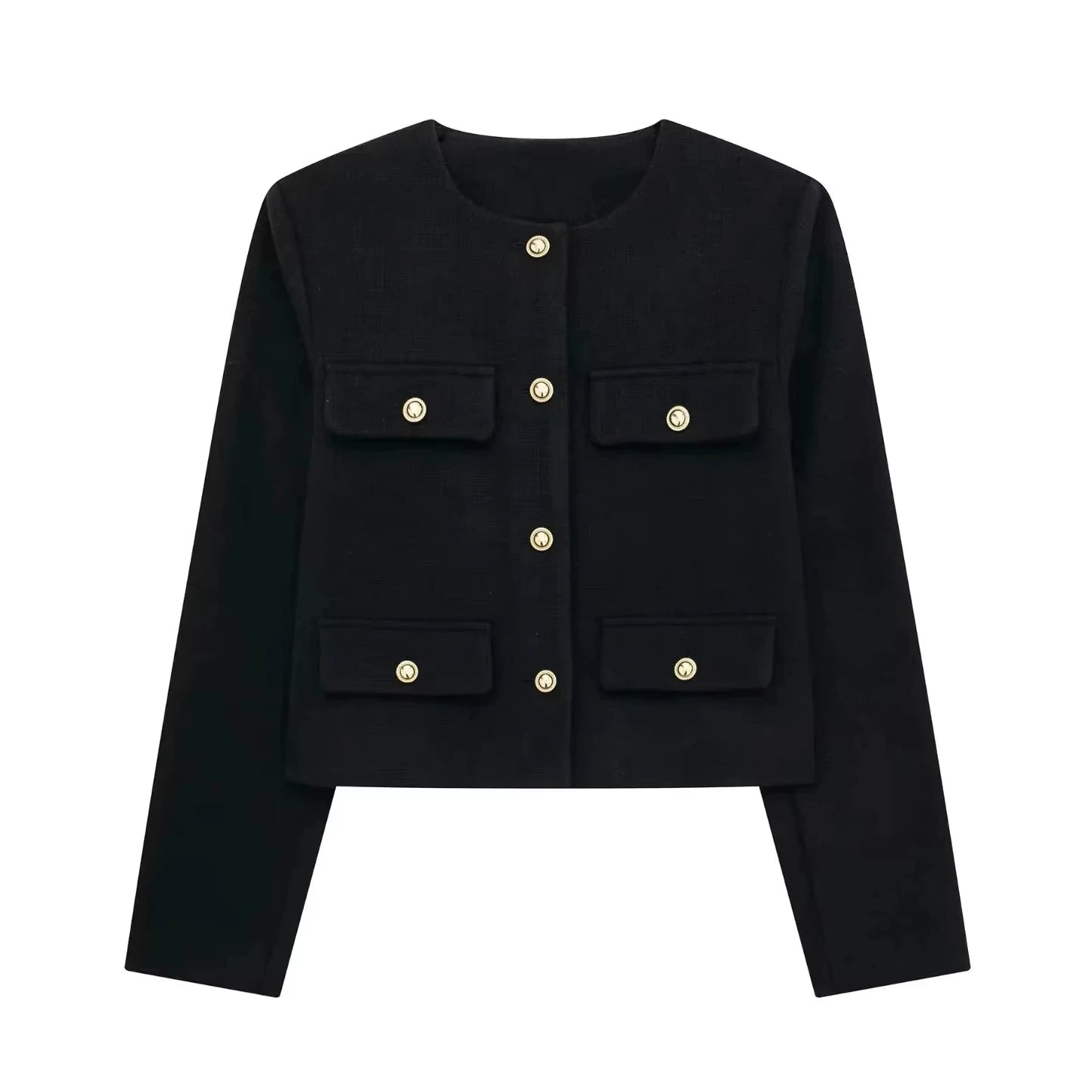 TRAFZA Women Casual O-Neck Coat Casual Single Breasted Long Sleeve Jakcets with Pockets Autumn Woman Elegant Solid Outwear Top