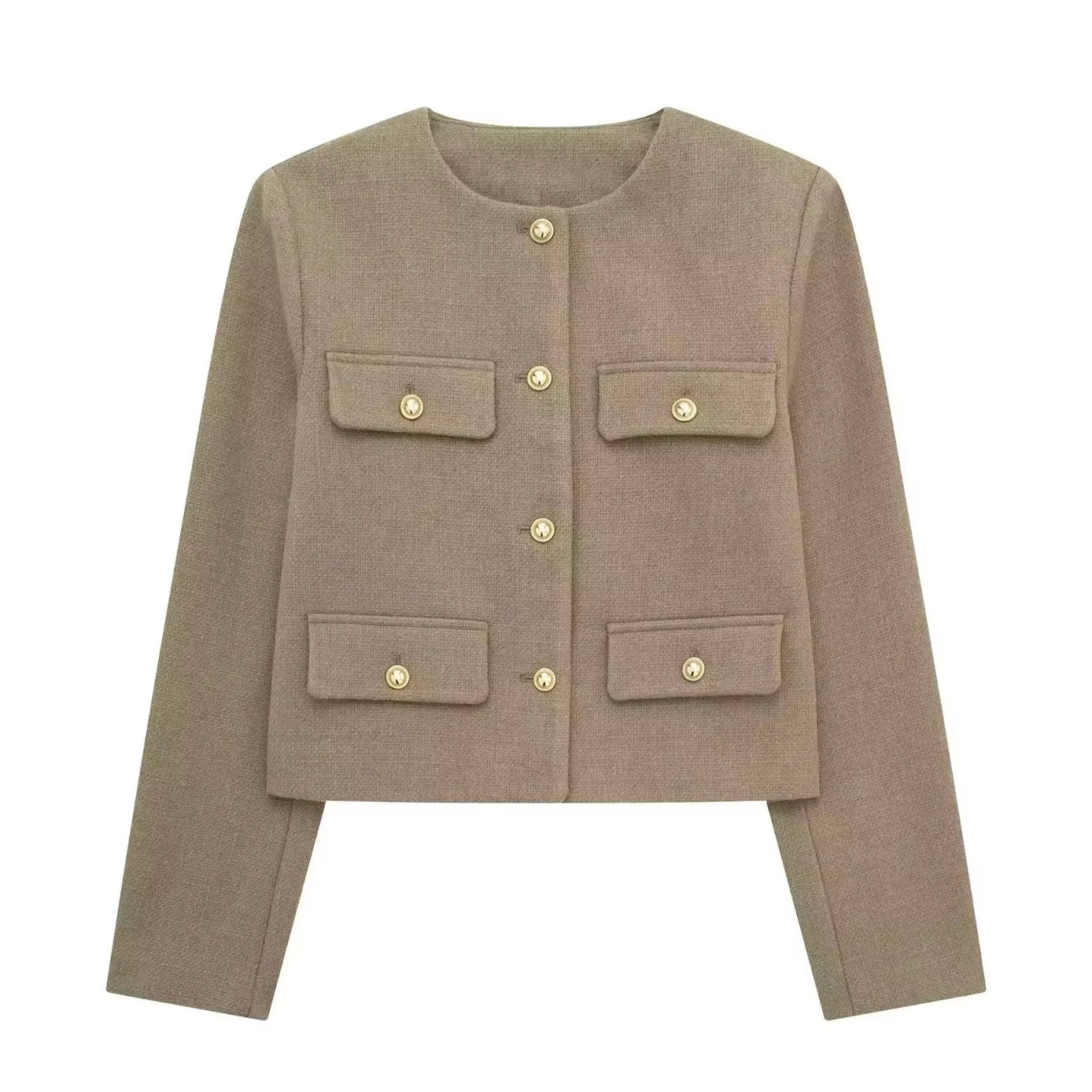 TRAFZA Women Casual O-Neck Coat Casual Single Breasted Long Sleeve Jakcets with Pockets Autumn Woman Elegant Solid Outwear Top